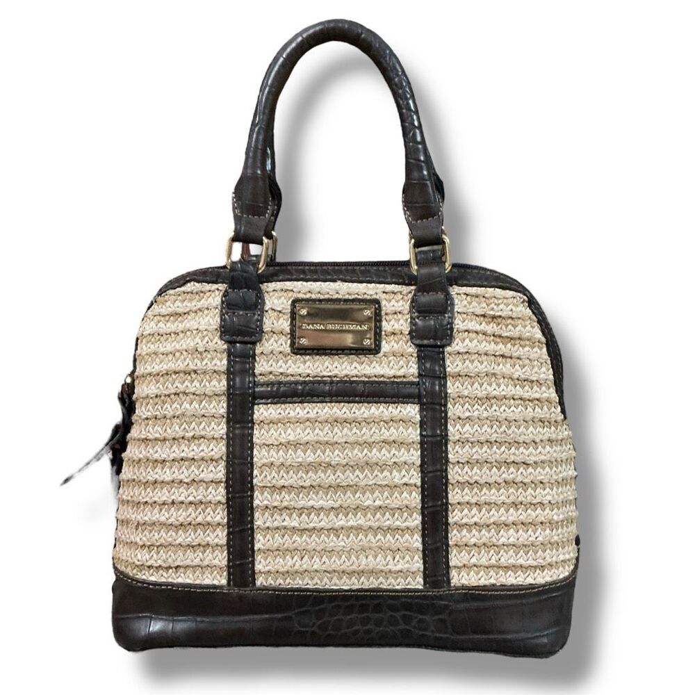 Dana Buchman Straw & Faux Alligator Crocodile Embossed Dome Satchel